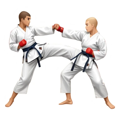 Two karate fighters in traditional gi sparring. One executes a high kick aimed at the opponent’s head, while the other blocks with a strong hand defense. The background features a classic dojo with wooden flooring and banners. Dynamic motion and focused expressions. Transparent background. sticker