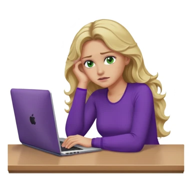 lady with long blonde wavy hair, purple top, green eyes,one elbow one desk hand on face with a laptop looking defeated sticker