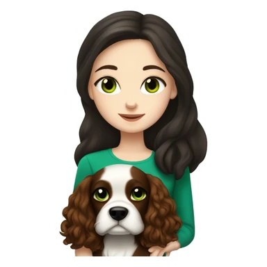 pale skin girl with green eyes with long dark brown hair that has a flower in her hair  snuggling a black and brown cavalier dog the dog also has a flower in its hair sticker