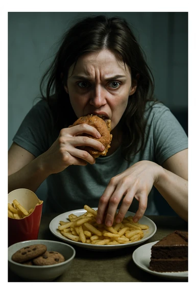 realistic cinematic image of a woman with intense emotional eating during menstrual cycle, agitated look, hands impulsively grabbing food, realistic details, dramatic clinical lighting, no text, 2:3 aspect ratio sticker