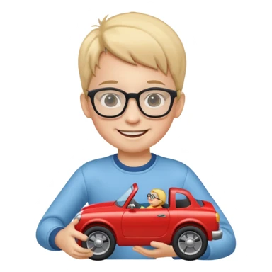 The child with glasses → is holding a toy car sticker
