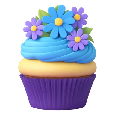 Transform this cupcake with blue flowers into an iOS 3D emoji model style, featuring realistic 3D shading, smooth rounded shapes, and a vibrant blue and purple color palette. sticker