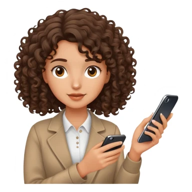 brunette girl with curly medium length hair, brown eyes, slightly tan skin, holding a phone sticker