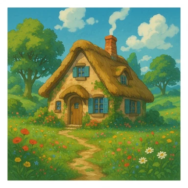 a cozy cottage in a magical landscape, ghibli style sticker