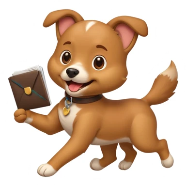 cute emoji-style dog running with a resume in its mouth, happy and energetic, simple bold lines sticker