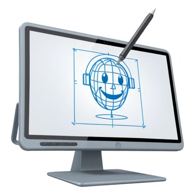 Create an emoji for 3D visualization and modeling. Show wireframe model that pops out from the screen of a large graphic tablet with a stylus drawing in a 3D modeling program. Use modern, professional colors. Do not include any emojis or smiley faces. Make the background transparent. sticker