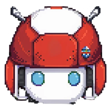 Red bomberman head only, round helmet with antenna, white face with determined eyes, pixel art style sticker