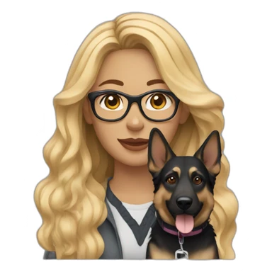 woman with wavy long blonde hair wearing glasses with german shepherd dog sticker