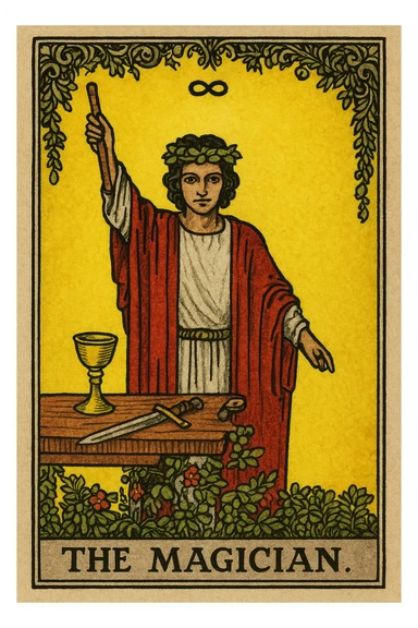 The Magician tarot card, close-up, Rider Waite Smith style, mystical atmosphere, holding a wand, table with cup, sword, pentacle, yellow background, ornate border. sticker
