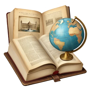 Icon for Documentary and Literary Fiction Reading: an open book with a mix of historical facts and vivid storytelling, featuring a globe, a fountain pen, and a vintage camera. The icon should represent the blend of reality and storytelling in documentary fiction. Transparent background. sticker