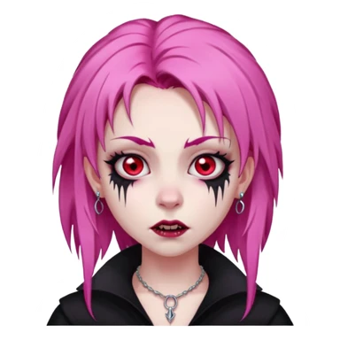 girl, pale vampire, pink hair, very long, shaggy, dark, spooky,double eyebrow dermal piercing, creepy expression sticker