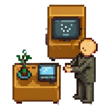 Stick figure throwing a tiny computer sticker