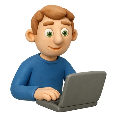 claymation style man with light brown hair and green eyes sitting in front of a laptop sticker
