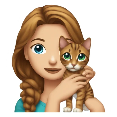 a beautiful girl with green eyes and brown hair is holding a Bengal cat with blue eyes in her arms sticker