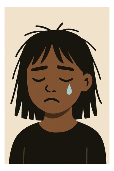 minimal flat style sad crying black girl with straight messy hair, single tear sticker