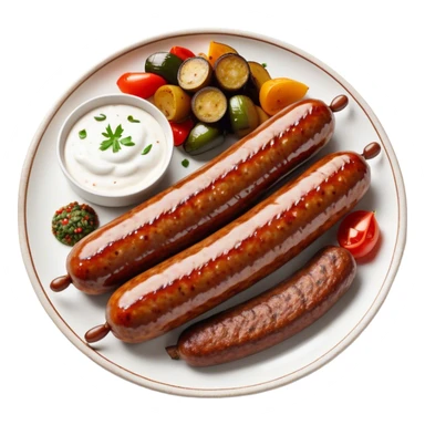 Cinematic Realistic image of a long, sausage-shaped Turkish Köfte, rendered with richly spiced meat textures and subtle grill marks, artfully arranged on a traditional Turkish ceramic plate alongside classic sides such as a serving of aromatic pilaf, crisp grilled vegetables, and a dollop of creamy yogurt, all bathed in warm, appetizing lighting that emphasizes its savory allure. sticker