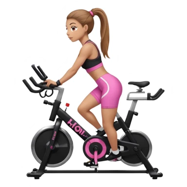 Light skin girl with long light brown hair in a pony tail, black workout set leaning on a indoor spin bike with NO HELMET, can we add a pink sports bra that says HOT GIRL CYCLE CLUB sticker