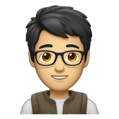 Asian developer black hair brown eyes with glasses and laptop sticker