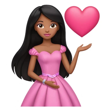 Black barbie, long black  hair, pink dress holding big heart that  visibly says "daily heart me" sticker