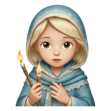A small girl in a worn winter dress and shawl, holding a glowing matchstick close to her face, eyes wide with soft hope.
 sticker