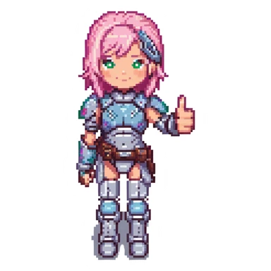cyborg girl with pink hair giving a thumbs up, pixel art style, detailed armor sticker