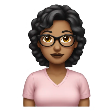 A girl with black hair and black glasses, earrings, a light pink shirt, light skinned sticker