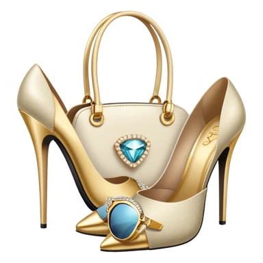 A photorealistic icon featuring luxurious fashion accessories like a high-end handbag, elegant high heels, a sparkling diamond necklace and a stylish pair of sunglasses. The design includes gold accents, purfume, and glamorous textures, fashion, and VIP luxury. Transparent background sticker