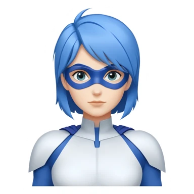 Close-up emoji of a friendly woman with blue hair (no mask), wearing a minimalist blue and white superhero suit with broad shoulders. The suit has a large blank area on the chest for a logo, uses only blue and white colors, and has minimal details.  sticker