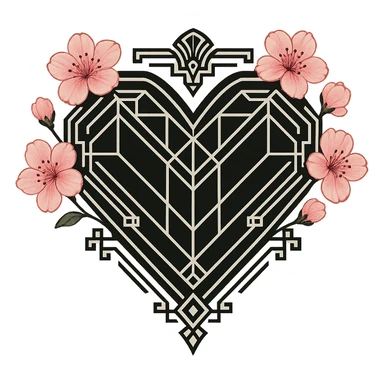 goth sakura heart, art deco, geometric black heart, pink sakura accents, elegant and vintage sticker