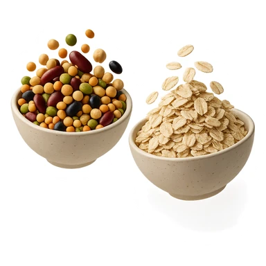 BOWL DI LEGUMI FLUTTUA IN ARIA INSIEME A BOWL DI FIOCCHI DI AVENA,  iperrealistico 4k sticker