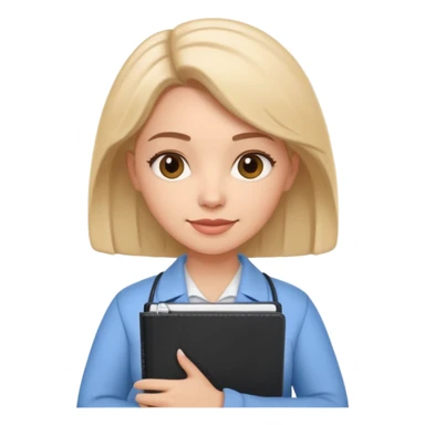 Cute female psychologist character, friendly and professional, holding a notebook, therapy office background, cartoon style, white background sticker