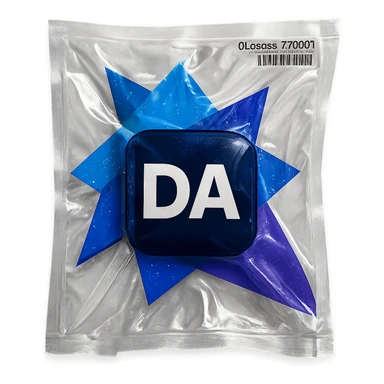 Generate the Vacuum Sealed version of this logo :

Logo Description:
Foreground Element (Main Icon):

A dark navy blue rounded rectangle (almost pill-shaped but more rectangular) sits in the center.

Inside the rectangle are the uppercase white letters "DA" centered both vertically and horizontally.

Font is bold, sans-serif, with clean and modern lines.

Background Elements (Geometric Shapes):

The background consists of five overlapping triangles, all pointing in different directions.

These triangles vary in size and shades of blue:

Top left: A small upward-pointing triangle in medium blue.

Bottom left: A small downward-pointing triangle in vibrant purple.

Center left: A large leftward-pointing triangle in light blue, partially overlapped by the navy rectangle.

Top right: A large upward-pointing triangle in dark blue.

Bottom right: A medium rightward-pointing triangle in purple.

Layout and Composition:

The triangles are arranged to form a dynamic, abstract background behind the central “DA” rectangle.

The triangles overlap slightly and create a layered, modern appearance.

The overall look is geometric, professional, and tech-oriented.

Color Palette (Hex approximations):

Navy blue (rectangle): #0D1B4C

White (text): #FFFFFF

Light blue triangle: #4285F4

Dark blue triangle: #2A2FCF

Purple triangle: #7E52FF

 sticker