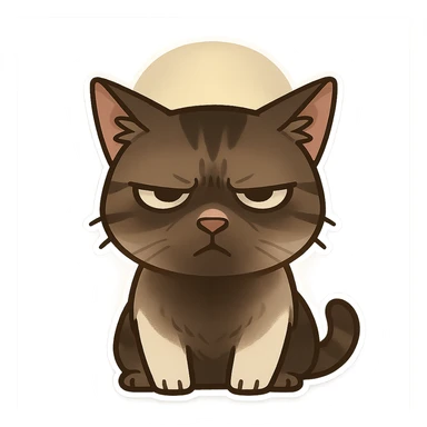 A cat with an impatient expression, frowning and squinting eyes. The light from above is shining vertically, and the face is in the shadow, making the cat's face more serious. sticker