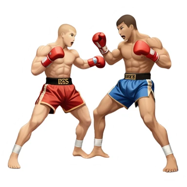 An icon symbolizing kickboxing, featuring two fighters in the midst of an intense match. One throws a powerful roundhouse kick, while the other counters with a punch. The background shows a ring, with ropes and a cheering crowd. Transparent background highlights the action and strength sticker