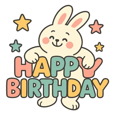 bunny hugging "Happy Birthday" letters with stars, pastel-toon style sticker