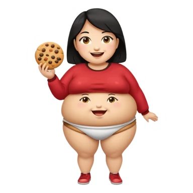 create a humongous asian girl with black hair, with 2 burgers and a cookie in her mouth, she is super obese, please make her a full body emoji, mega huge tummy   sticker
