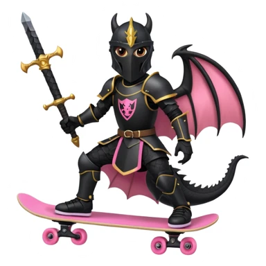 zwarte ridder met een zwarte zwaart en een zwarte schild met een zwarte draak op en hij skate met een roze skatebord sticker