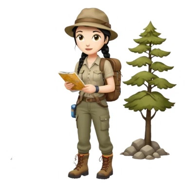 A braid black hair backpacking woman checking her map with curious eyes while walking wear camping hat and dirt covered boots full body sticker