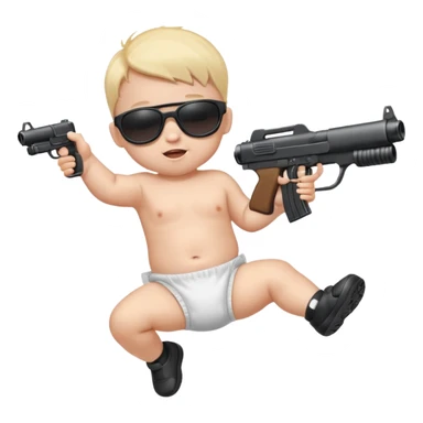 Baby in diaper with black sunglasses shooting machine guns in the air jumping left to right  sticker