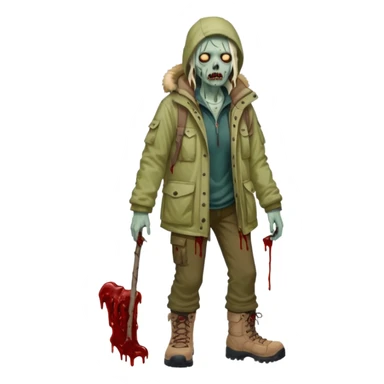 Local alaskan who has turned it zombies in the style of the walking dead, with rotting flesh and dripping blood but distinctively Alaskan. In the style of your bleeding skull art but Alaskan zombie. Full body sticker