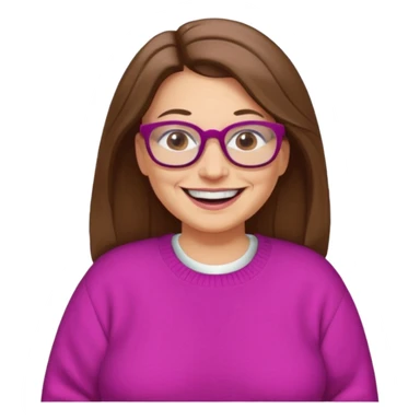 50 yr Caucasian woman, long brown hair parted on side, brown eyes, glasses, big smile, white teeth, fuscia sweater, chubby sticker