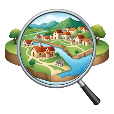 An icon featuring a magnifying glass over a local map, with a small village, traditional house, and natural landmarks like a river and hill, symbolizing local history and geography. Transparent background highlights the study of native land, culture, and heritage. sticker