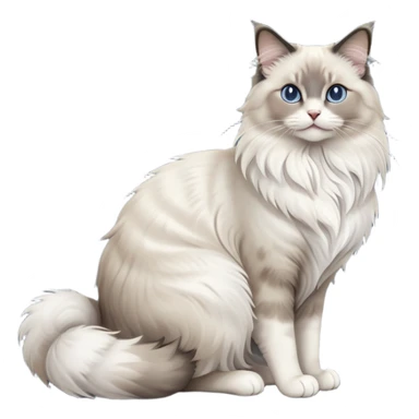 cinematic-[Ragdoll cat]-realistic-full-body-sitting-emoji,-tail-curled-playfully-around-its-paws,-head-tilted-dramatically,-fluffy-[grey ragdoll cat]-fur,-simplified-yet-realistic-focused-features,-highly-detailed,-glowing-with-an-almost-sarcastic-glow sticker