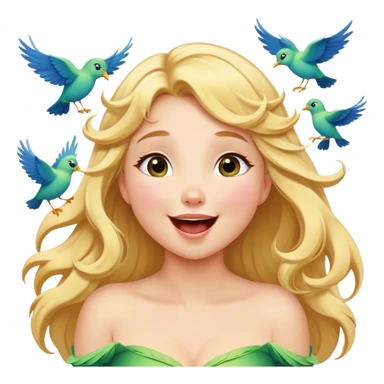Cinematic Adorable Aurora Portrait Emoji, Giggling in surprise as birds land on her shoulders, cheeks flushed, golden locks bouncing, an irresistible mix of playfulness and beauty! sticker