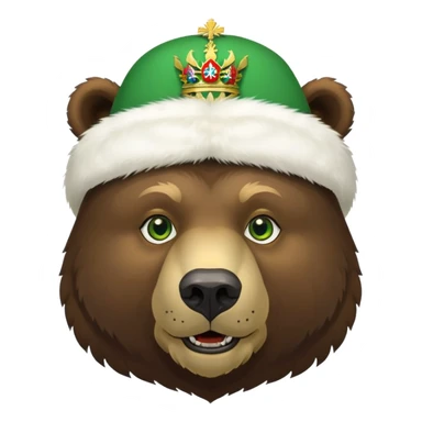 Dark brown grizzly bear face with green eyes, wearing a white fur hat with golden Russian coat of arms in the middle sticker