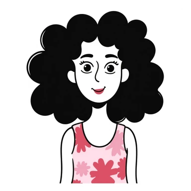 Woman in her 30s with clear skin, elongated face, soft cheeks, large expressive brown eyes, natural eyebrows, defined nose, full lips with soft red lipstick, abundant dark brown curly hair, wearing pink tie-dye tank top sticker