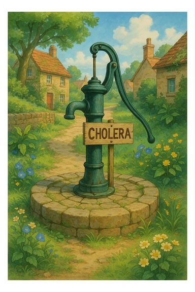 a classic water pump as the source of cholera, inspired by the 1854 Broad Street outbreak, in Ghibli style sticker