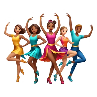 Icon for Contemporary Dance: a synchronized group dance performance with dancers in modern outfits, performing on stage with bright spotlighting and energetic movement. The icon should capture the dynamic and vibrant nature of contemporary dance. Transparent background. sticker