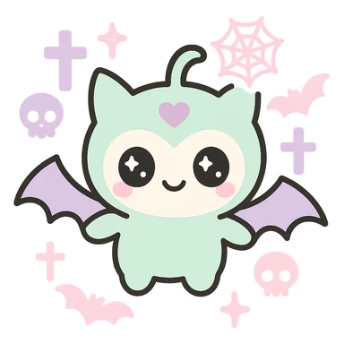 Add more gothic symbols such as crosses, spiderwebs, bats, and skulls to the pink and black kawaii phone case. Keep big eyes, bat wings, smiling, cartoonish, playful, with no background. sticker