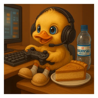 Make the slippers beige, change the cheesecake to lotus flavor, and add a gaming headset to the duck, keeping the style and all other details the same as the original image. sticker